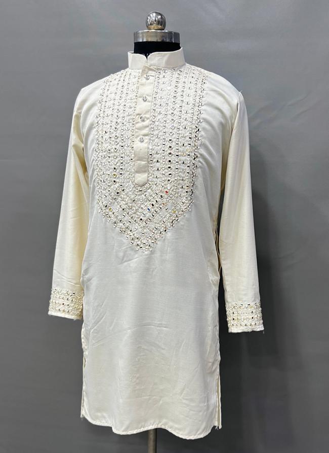 Silk White Festival Wear Mirror Work Readymade Kurta Pajama